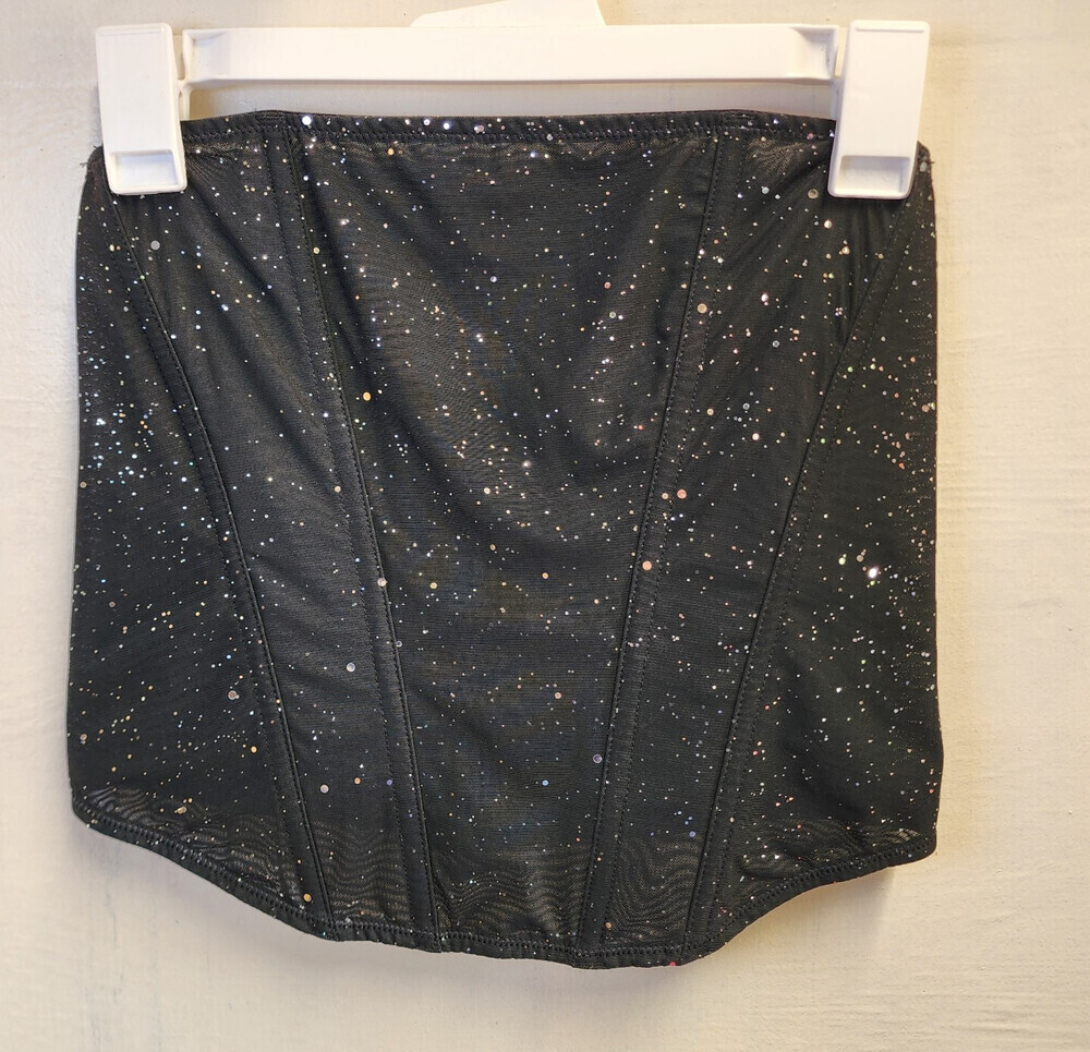 Auden Womens Black Sparkly‎ Corset Top Hook & Eye Wireless Mesh Bustier Small